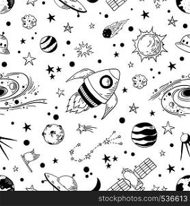 Seamless doodle space pattern. Trendy kids cosmos graphic elements, astronomy pencil sketch. Vector illustration star planet meteor rocket set. Seamless doodle space pattern. Trendy kids cosmos graphic elements, astronomy pencil sketch. Vector star planet meteor rocket set