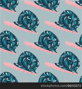 Seamless doodle stylized pattern with cartoon snail silhouettes. Blue and pink colored ornament on light background. Great for fabric design, textile print, wrapping, cover. Vector illustration.. Seamless doodle stylized pattern with cartoon snail silhouettes. Blue and pink colored ornament on light background.