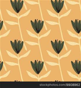 Seamless doodle summer pattern with green flowers silhouettes and yellow twigs. Orange pastel background. Creative design. For wrapping paper, textile, fabric print and wallpaper. Vector illustration. Seamless doodle summer pattern with green flowers silhouettes and yellow twigs. Orange pastel background. Creative design.