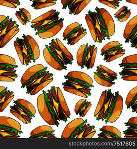Seamless double cheeseburgers pattern background of fast food sandwiches with ground beef patty, fresh tomatoes, cucumbers and lettuce, slices of swiss and cheddar cheese. Seamless fast food double cheeseburgers pattern
