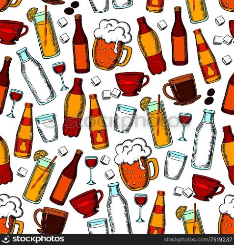 Seamless drinks and beverages pattern with beer, red wine, fruit juice, lemonade, carbonated soft drinks and milk, cups of coffee and tea with sugar cubes and coffee beans. Seamless drinks and beverages pattern background
