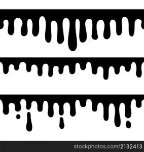 Seamless dripping elements. Ink drips, shape of melting drops. Black liquid borders, graffiti paint flow. Art syrop stain, isolated flowing vector pattern. Illustration of ink blob liquid seamless. Seamless dripping elements. Ink drips, shape of melting drops. Black liquid borders, graffiti paint flow. Art syrop stain, isolated flowing decent vector pattern