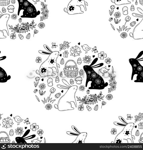 Seamless Easter pattern. Cute Easter bunnies, Easter basket with eggs and flowers, birds and Easter cakes on white background. Vector illustration. Outline drawn doodle style for design and decor