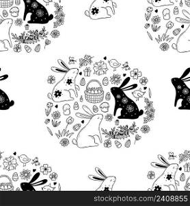 Seamless Easter pattern. Cute Easter bunnies, Easter basket with eggs and flowers, birds and Easter cakes on white background. Vector illustration. Outline drawn doodle style for design and decor