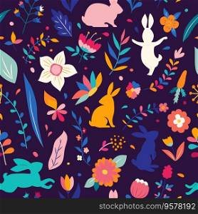 Seamless Easter pattern. Trendy Easter design flowers and bunny in bright colors. Silhouette of a rabbits on a dark background with decorative floral elements. Seamless Easter pattern. Trendy Easter design flowers and bunny. Silhouette of a rabbits on a dark background with decorative floral elements