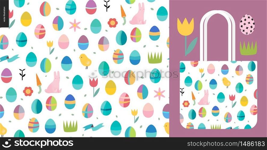 Seamless Easter pattern with a bag as an example of usage. Seamless Easter pattern