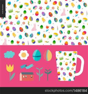 Seamless Easter pattern with a mug as an example of usage and few traditional elements. Seamless Easter pattern