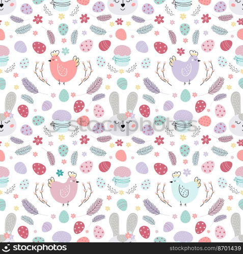 seamless Easter pattern with rabbit. Pattern with Easter bunny, eggs, cake. Design for textiles, packaging, wrappers, web, printing. Vector flat illustration. seamless Easter pattern with rabbit. 