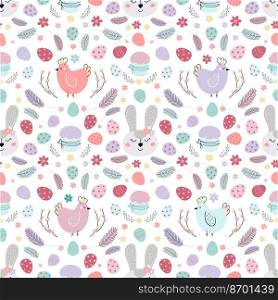 seamless Easter pattern with rabbit. Pattern with Easter bunny, eggs, cake. Design for textiles, packaging, wrappers, web, printing. Vector flat illustration. seamless Easter pattern with rabbit. 