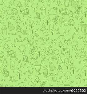 Seamless ecological pattern. Bio materials, ecology, nature and plants, Earth and trees, solar panels on light green background. Vector illustration. Linear drawing in hand doodle for design, decor
