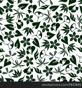 Seamless emerald green sprouts of bamboo and palm, leaves of clover and ginkgo biloba, twigs of aloe vera and poinsettia pattern on white background. May be use as fabric print or wallpaper design . Seamless emerald green leaves and twigs pattern