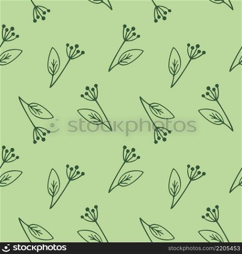 Seamless endless background with the image of Doodle twigs. A pattern with a contour Doodle illustration. Green flower on a green background. Vector illustration for textiles, packaging paper