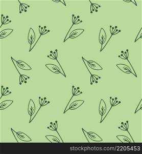 Seamless endless background with the image of Doodle twigs. A pattern with a contour Doodle illustration. Green flower on a green background. Vector illustration for textiles, packaging paper