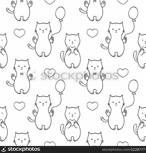Seamless endless pattern with cute kittens, cats and balloons. Set of vector Doodle illustrations. Background for fabric print, Wallpaper, textiles, wrapping paper, or book cover