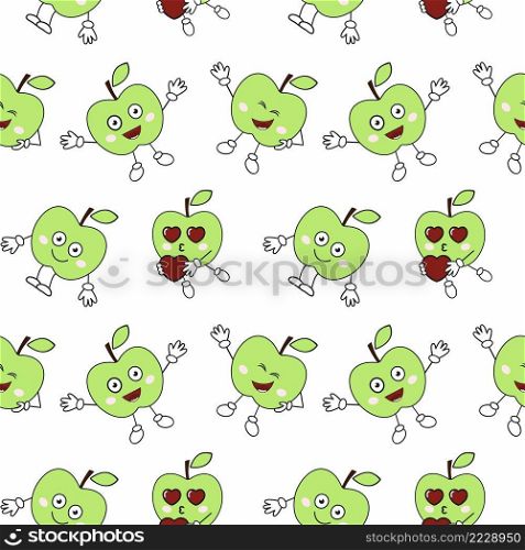 Seamless endless pattern with funny apples. The cover of the book. Tailoring of children’s clothing from textiles. Material for packaging paper. Background and Wallpaper.