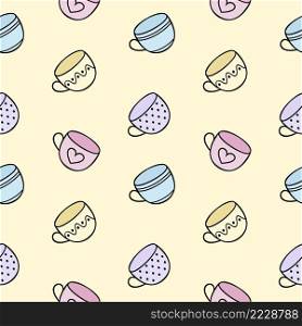 Seamless endless pattern with tea mugs. The Cup’s Doodle is hand-drawn on a yellow background.Pattern for textiles, printing, clothing, packaging paper. Background and Wallpaper for the site