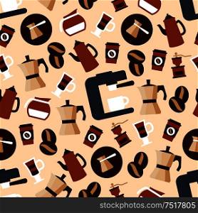 Seamless espresso machines with cups, stovetop espresso makers and coffee pots, vintage grinders and jugs with milk, paper cups of takeaway coffee and glasses of mochachino pattern among coffee beans on delicate caramel background. Seamless espresso coffee beverages pattern