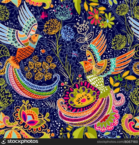 Seamless ethnic pattern with birds. Colorful floral backdrop