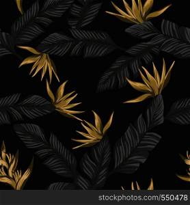 Seamless exotic composition from gray tropical banana leaves and gold flowers bird of paradise on the black background