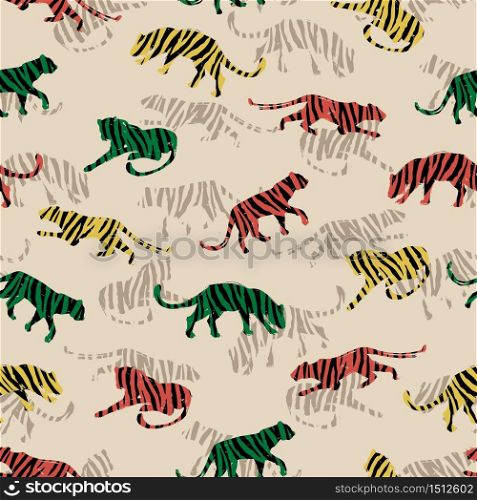 Seamless exotic pattern with abstract silhouettes of tigers.