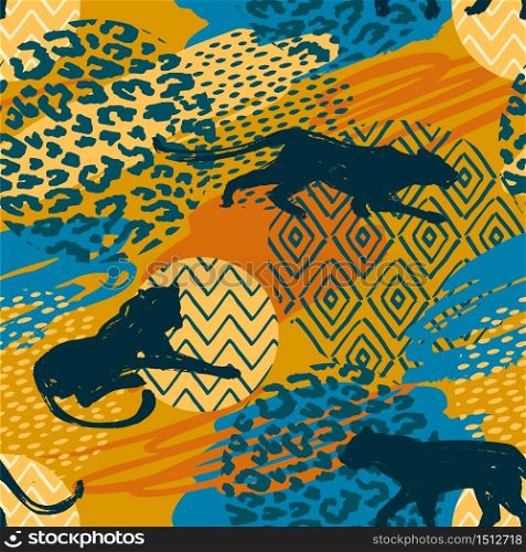 Seamless exotic pattern with abstract silhouettes of wild cats. Vector hand draw illustration.. Seamless exotic pattern with abstract silhouettes of wild cats.