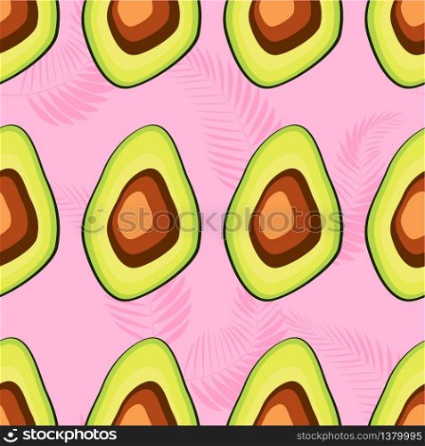 Seamless exotic pattern with avocado slices and leaves of monstera on light green background.