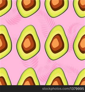 Seamless exotic pattern with avocado slices and leaves of monstera on light green background.
