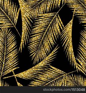 Seamless exotic pattern with palm leaf silhouettes. Gold glitter texture. Vector design.. Seamless exotic pattern with palm leaf silhouettes.