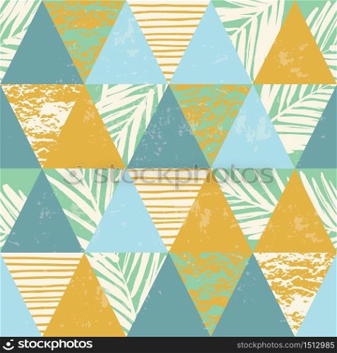 Seamless exotic pattern with palm leaves on geometric background . Vector illustration.. Seamless exotic pattern with palm leaves on geometric background