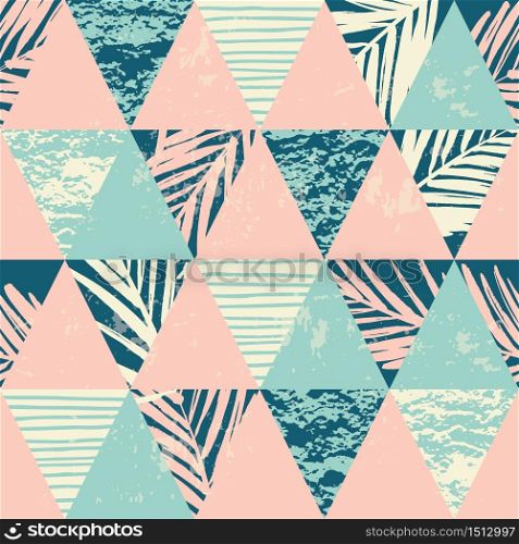 Seamless exotic pattern with palm leaves on geometric background . Vector illustration.. Seamless exotic pattern with palm leaves on geometric background