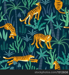 Seamless exotic pattern with tigers in the jungle. Vector hand draw design.. Seamless exotic pattern with tigers in the jungle.