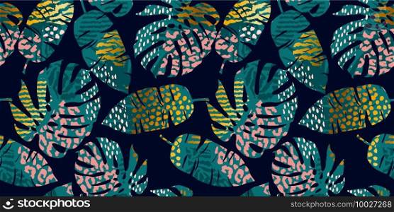 Seamless exotic pattern with tropical leaves, animal prints and hand drawn textures. Vector illustration. Modern abstract design for paper, wallpaper, cover, fabric, Interior decor and other users.. Seamless exotic pattern with tropical leaves, animal prints and hand drawn textures. Vector illustration.