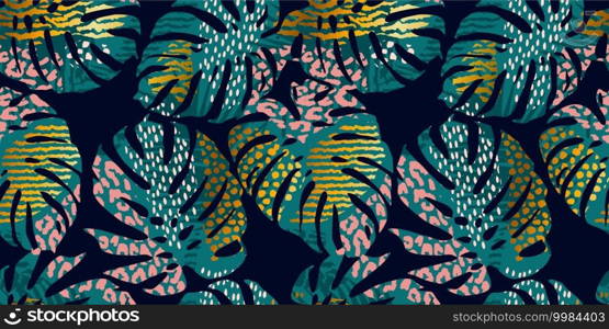 Seamless exotic pattern with tropical leaves, animal prints and hand drawn textures. Vector illustration. Modern abstract design for paper, wallpaper, cover, fabric, Interior decor and other users.. Seamless exotic pattern with tropical leaves, animal prints and hand drawn textures. Vector illustration.