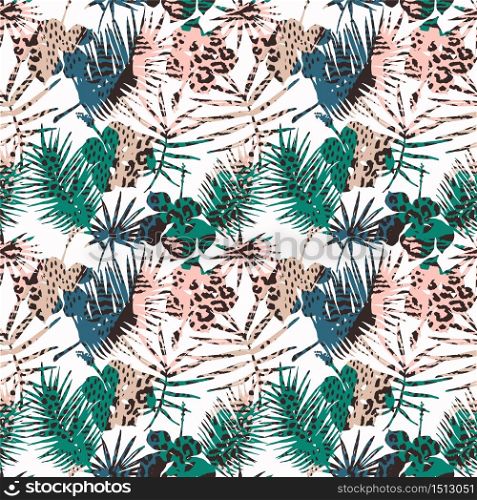 Seamless exotic pattern with tropical leaves. Vector hand draw background.. Seamless exotic pattern with tropical leaves.