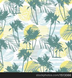 Seamless exotic pattern with tropical palms and geometric background. Modern abstract design for paper, cover, fabric, interior decor and other users.. Seamless exotic pattern with tropical palms and geometric background.