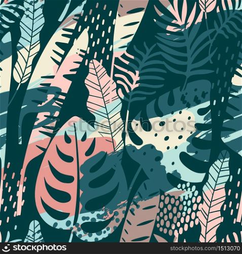 Seamless exotic pattern with tropical plants and artistic background. Modern abstract design for paper, cover, fabric, interior decor and other users.. Seamless exotic pattern with tropical plants and artistic background.