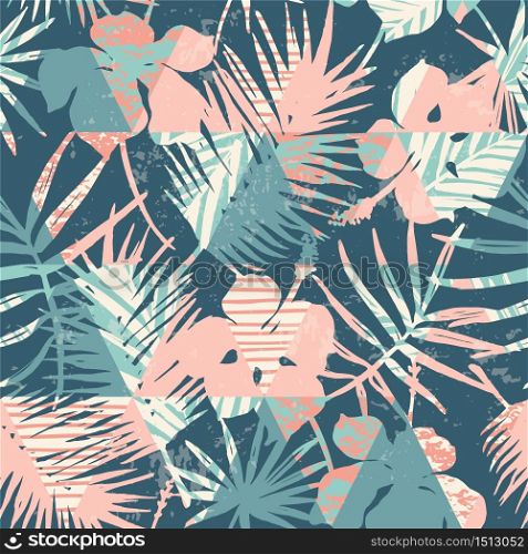 Seamless exotic pattern with tropical plants and geometric background. Hand draw texture.. Seamless exotic pattern with tropical plants and geometric background.