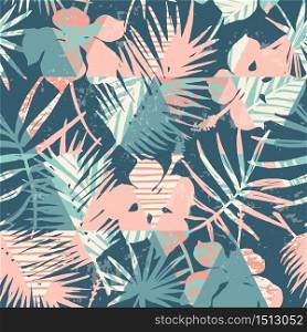 Seamless exotic pattern with tropical plants and geometric background. Hand draw texture.. Seamless exotic pattern with tropical plants and geometric background.