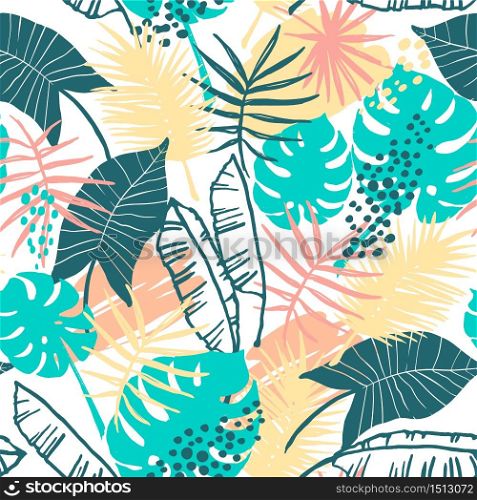 Seamless exotic pattern with tropical plants. Vector hand draw background.. Seamless exotic pattern with tropical plants.