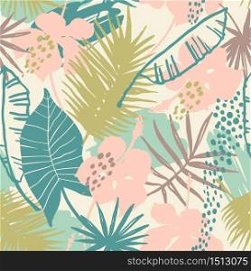 Seamless exotic pattern with tropical plants. Vector hand draw background.. Seamless exotic pattern with tropical plants.