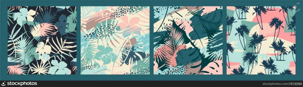 Seamless exotic patterns with tropical plants and artistic background. Modern abstract design for paper, cover, fabric, interior decor and other users.. Seamless exotic patterns with tropical plants and artistic background.