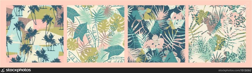 Seamless exotic patterns with tropical plants and artistic background. Modern abstract design for paper, cover, fabric, interior decor and other users.. Seamless exotic patterns with tropical plants and artistic background.