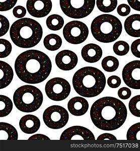 Seamless extremely dark chocolate doughnuts pattern with fast food deep fried donuts, topped with rainbow sprinkles and sugar powder over white background. Takeaway dessert menu, cafe interior design usage. Chocolate doughnuts retro cartoon seamless pattern