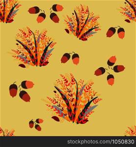 Seamless fall leaves and acorns pattern. Autumn endless design banner template. Vector illustration.. Seamless fall leaves and acorns pattern.