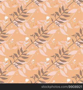 Seamless fall pattern with brown and light color branch forest bouquets. Orange background. Botanic backdrop. Designed for wallpaper, textile, wrapping paper, fabric print. Vector illustration.. Seamless fall pattern with brown and light color branch forest bouquets. Orange background. Botanic backdrop.