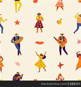 Seamless Festa Junina. Brazil folk fest. Happy people in national clothes, sombrero and bright dresses. Dancers and musicians festival. Men and women play musical instruments. Vector print pattern. Seamless Festa Junina. Brazil folk fest. People in national clothes, sombrero and bright dresses. Dancers and musicians festival. Men and women play musical instruments. Vector pattern