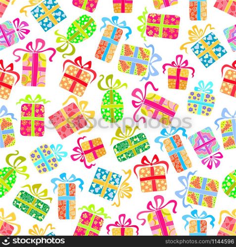 Seamless festive gift boxes with ribbon bows pattern with colorful wrappings, adorned by stars, hearts and floral ornaments over white background. May be used for birthday, christmas, valentine day or easter backdrop design