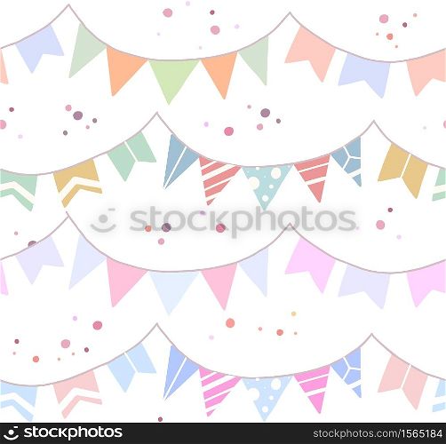 Seamless festive pattern with flat drawn flags, confetti on white background. Wallpaper for birthday and anniversary. Vector texture for fabrics, wrapping paper and your creativity.. Seamless festive pattern with flat drawn flags, confetti on white background. Wallpaper for birthday and anniversary. Vector texture