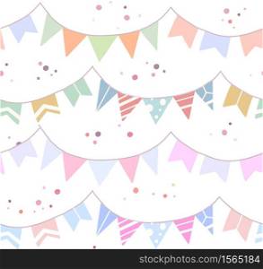 Seamless festive pattern with flat drawn flags, confetti on white background. Wallpaper for birthday and anniversary. Vector texture for fabrics, wrapping paper and your creativity.. Seamless festive pattern with flat drawn flags, confetti on white background. Wallpaper for birthday and anniversary. Vector texture