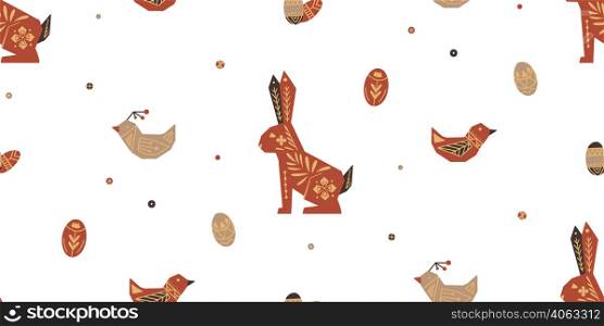 Seamless festive pattern with hares, easter eggs and birds with folk art on white background. Vector scandinavian texture with bunnies and polka dots. Fabric swatch with geometric animal. Seamless festive pattern with hares, easter eggs and birds with folk art on white background. Vector scandinavian texture with bunnies and polka dots.